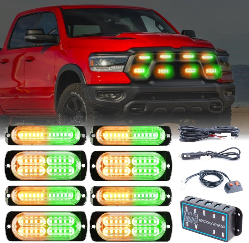 PKINGLAKE 8pcs Sync Feature Emergency Strobe Grille Lights LED Ultra Slim Surface Mount Flashing Hazard Warning Light Bar with Controller for Firefighter/Construction/Trucks/Vehicles/Car (Amber/Green) - Image 1